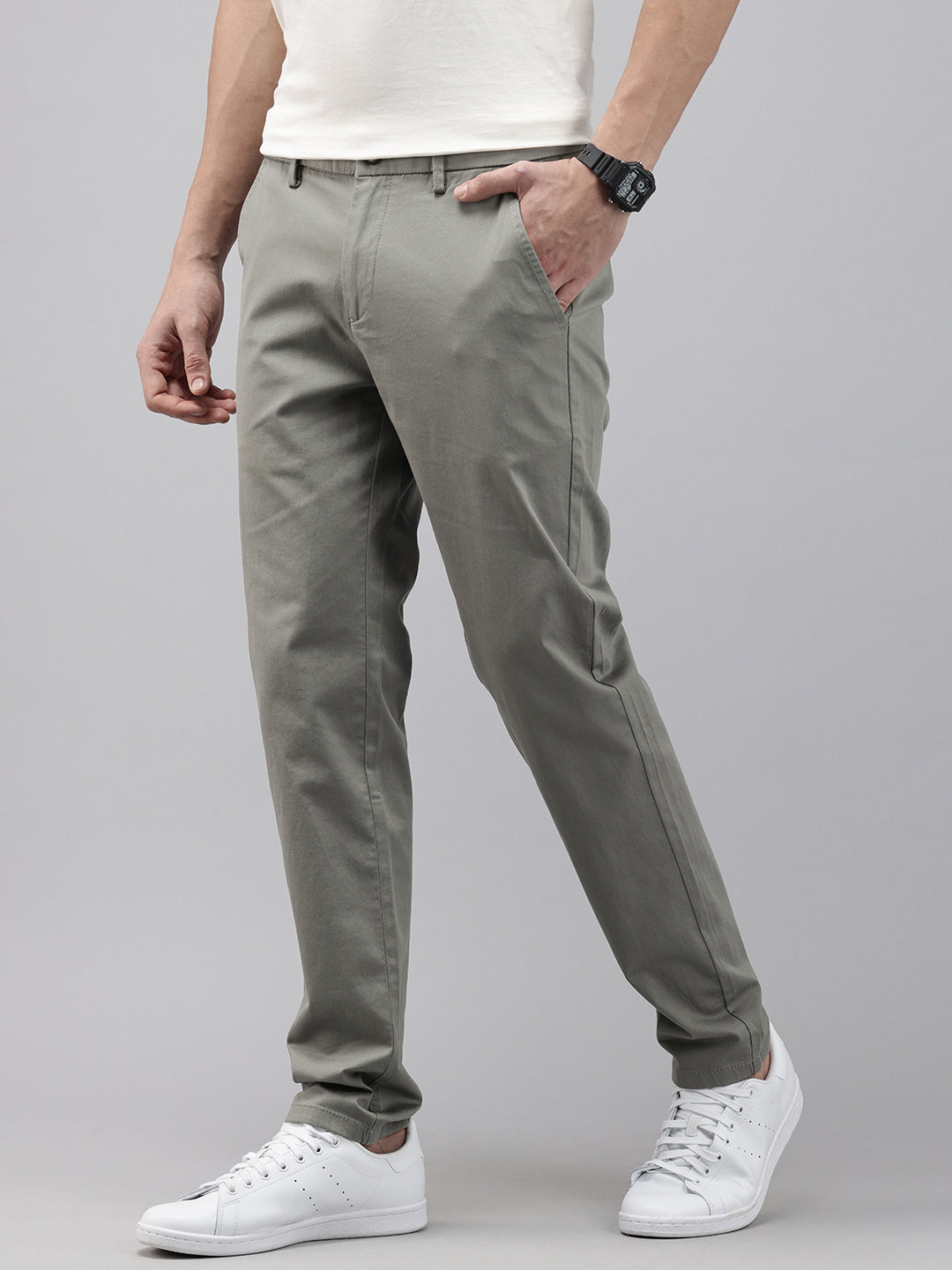 Men Grey Cotton Stretchable Caribbean Fit Mid-Rise Solid Casual Trousers