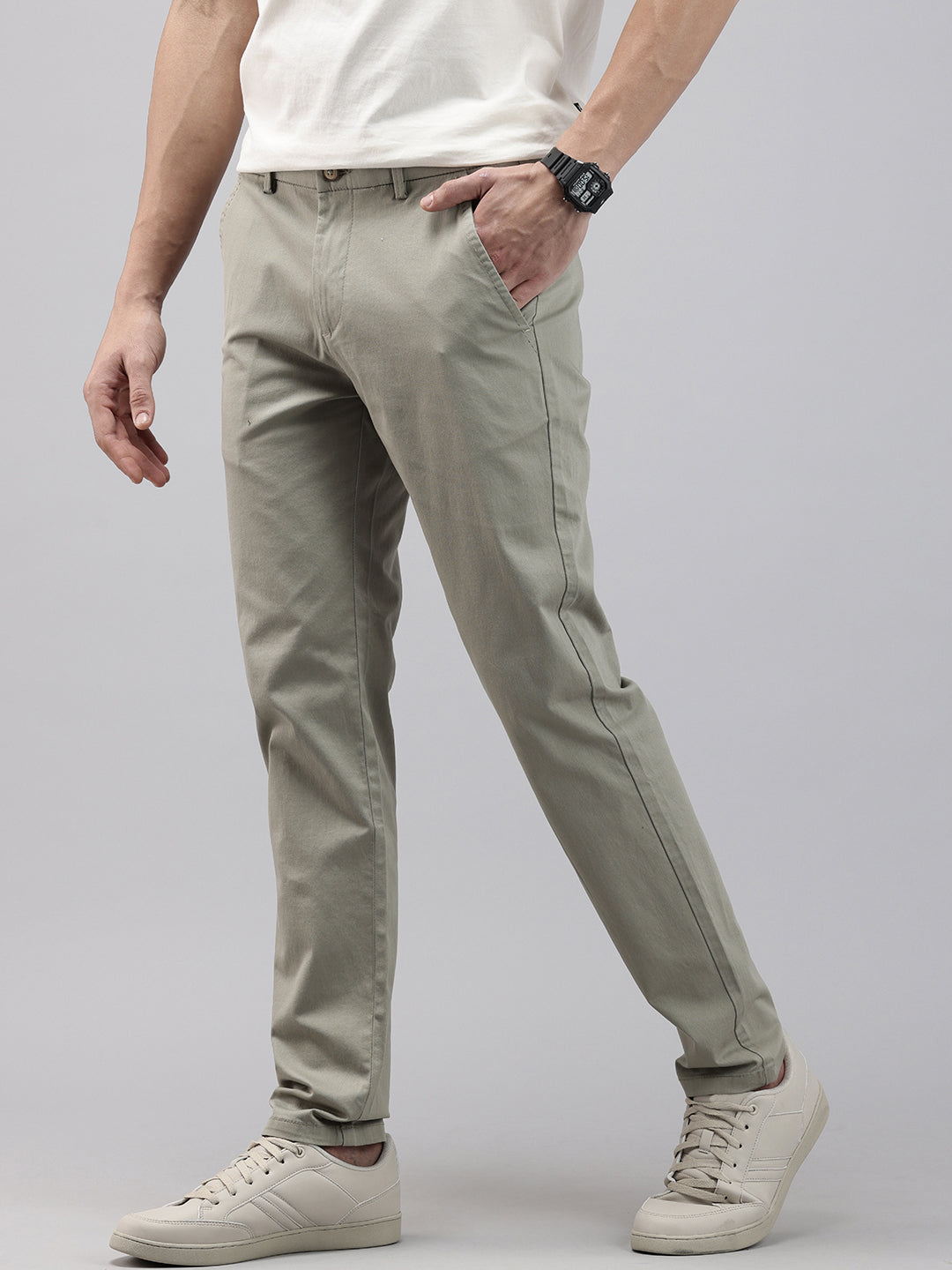 Men Mint Cotton Stretchable Caribbean Fit Mid-Rise Solid Casual Trousers