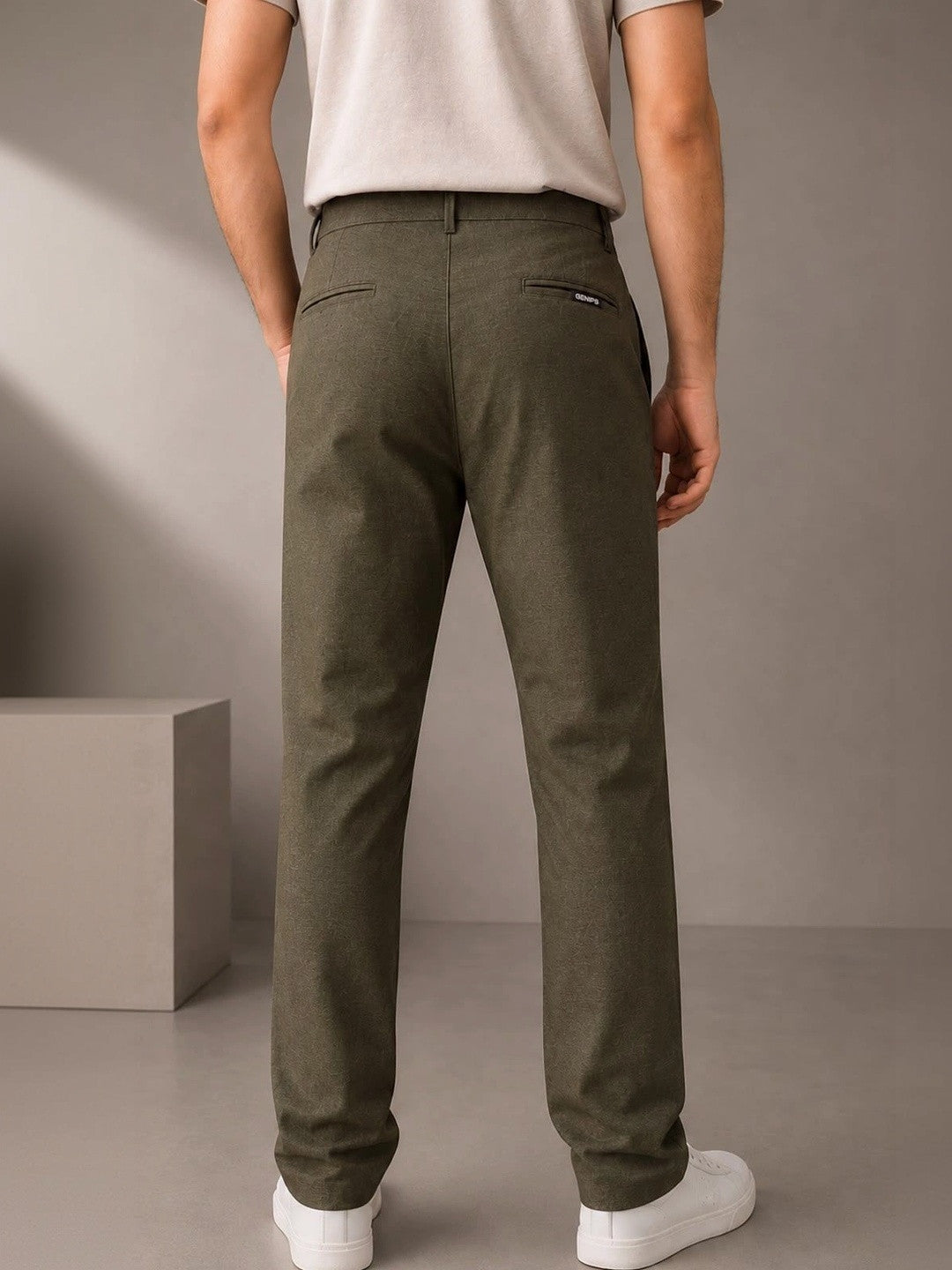 GENIPS Men's Relaxed Fit Cotton Trousers - Mid-Rise 4 Pocket Casual Pants