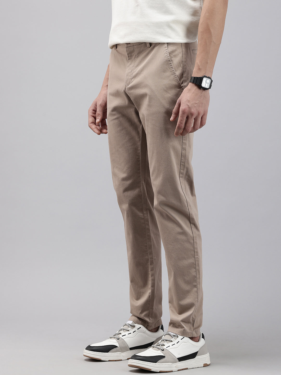 Men Camel Cotton Stretchable Caribbean Fit Mid-Rise Solid Casual Trousers