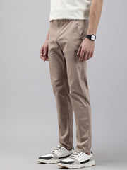 Men Camel Cotton Stretchable Caribbean Fit Mid-Rise Solid Casual Trousers