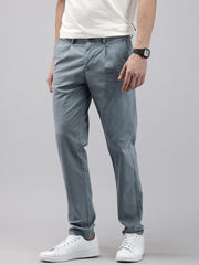 Blue Slim Fit Cotton Casual Trousers with 5 Pockets