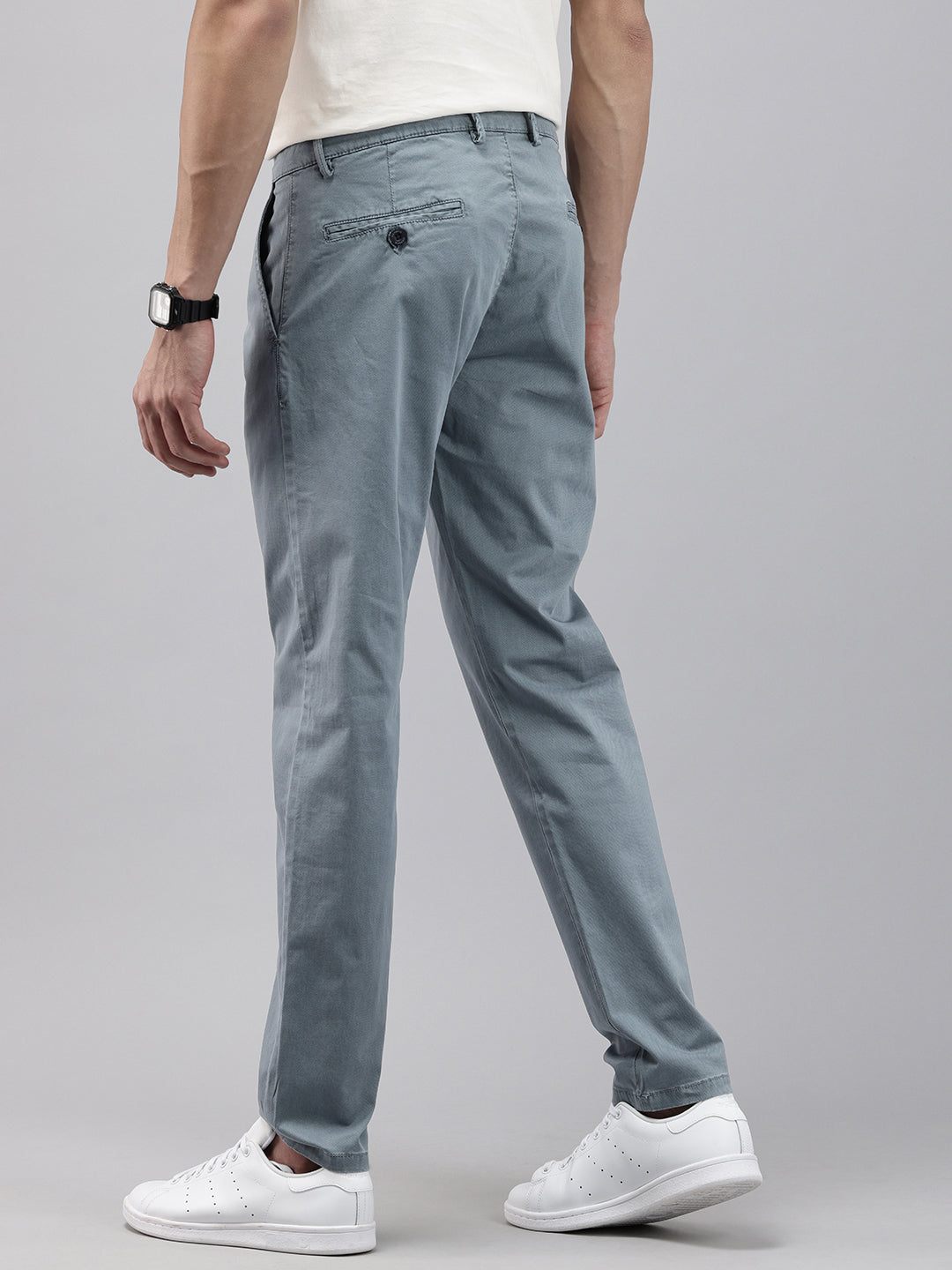 Blue Slim Fit Cotton Casual Trousers with 5 Pockets