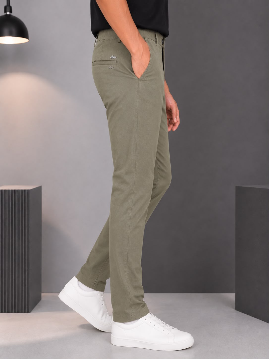 GENIPS Men's Elasticated Relaxed Fit Cotton Trousers - Mid-Rise 4 Pocket Travel Pants
