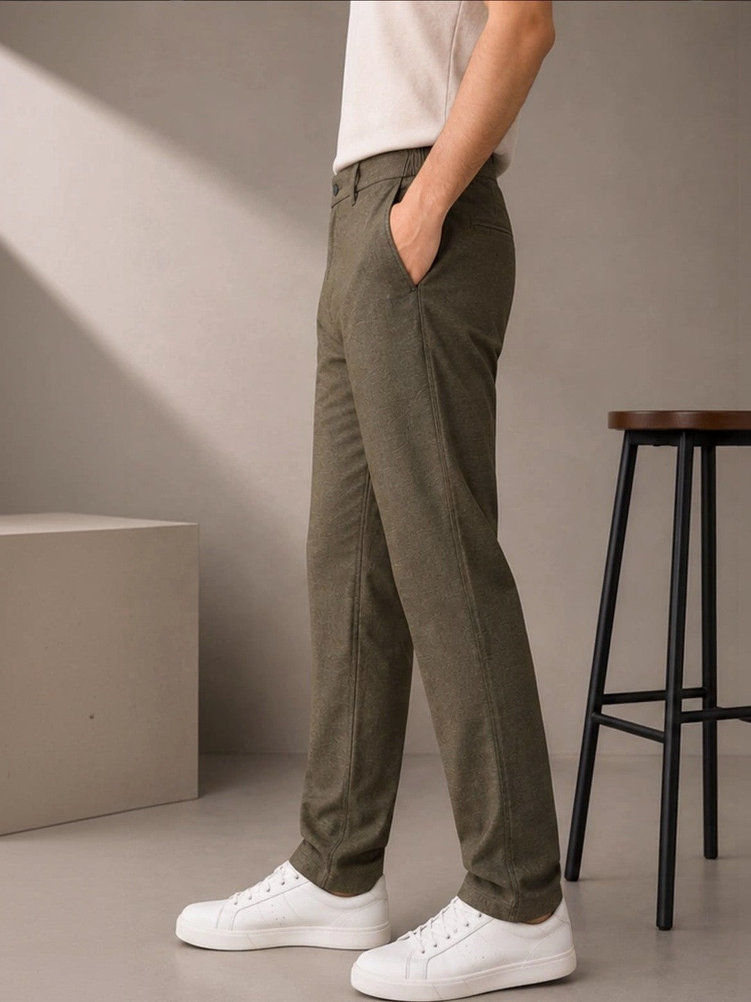 GENIPS Men's Relaxed Fit Cotton Trousers - Mid-Rise 4 Pocket Casual Pants