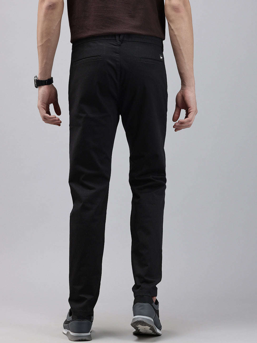 Men Black Cotton Stretchable Caribbean Fit Mid-Rise Solid Casual Trousers
