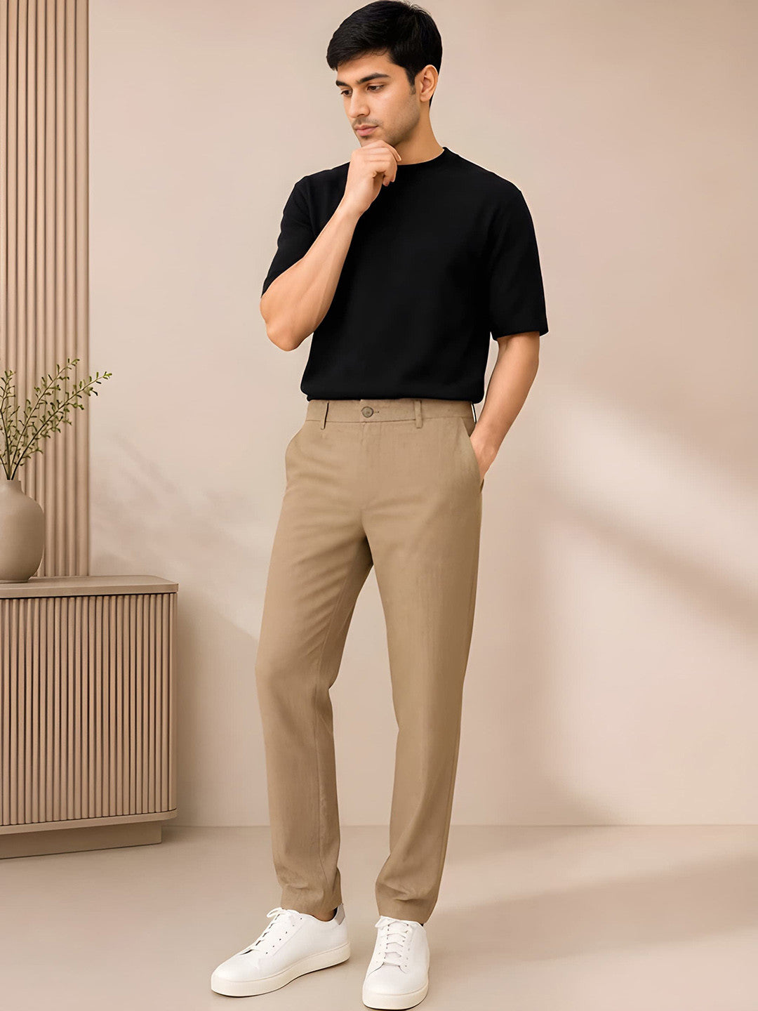 GENIPS Men's Relaxed Fit Cotton Trousers - Mid-Rise 4 Pocket Casual Pants
