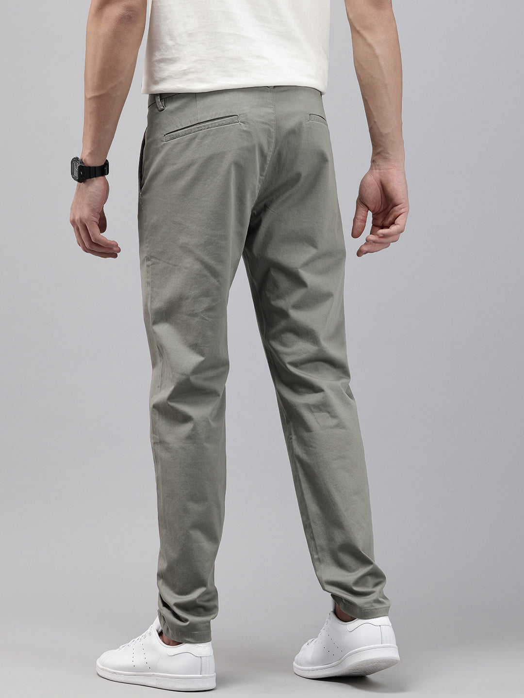 Men Grey Cotton Stretchable Caribbean Fit Mid-Rise Solid Casual Trousers