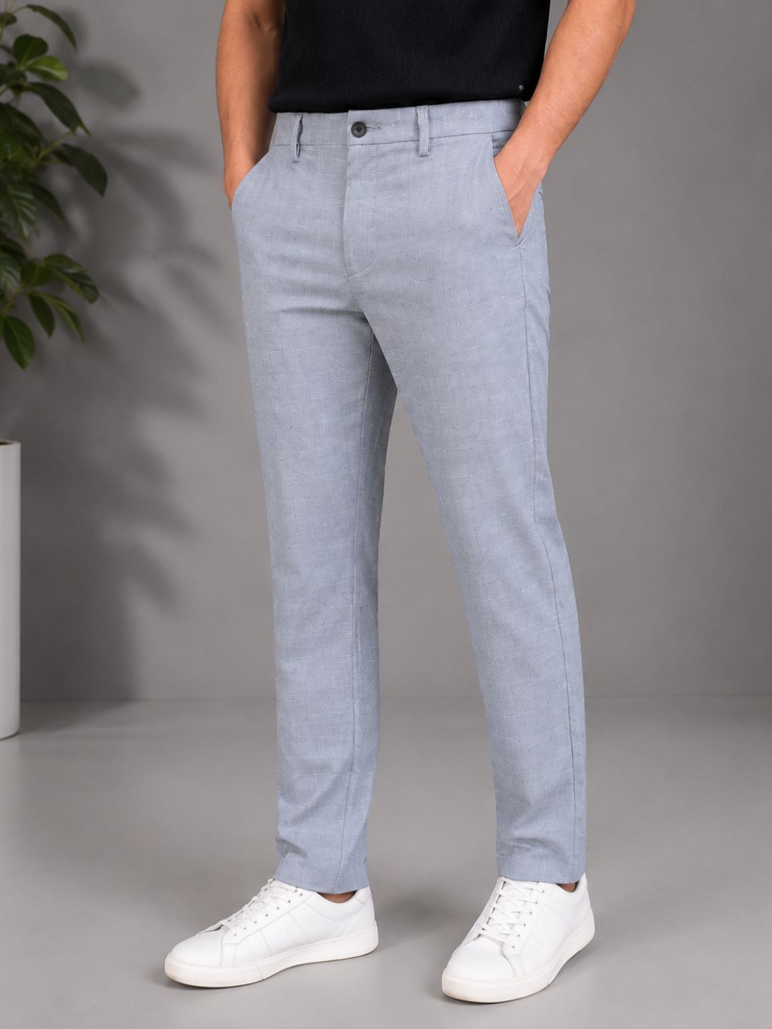 GENIPS Men's Checked Relaxed Fit Cotton Trousers - Mid-Rise 4 Pocket Pants