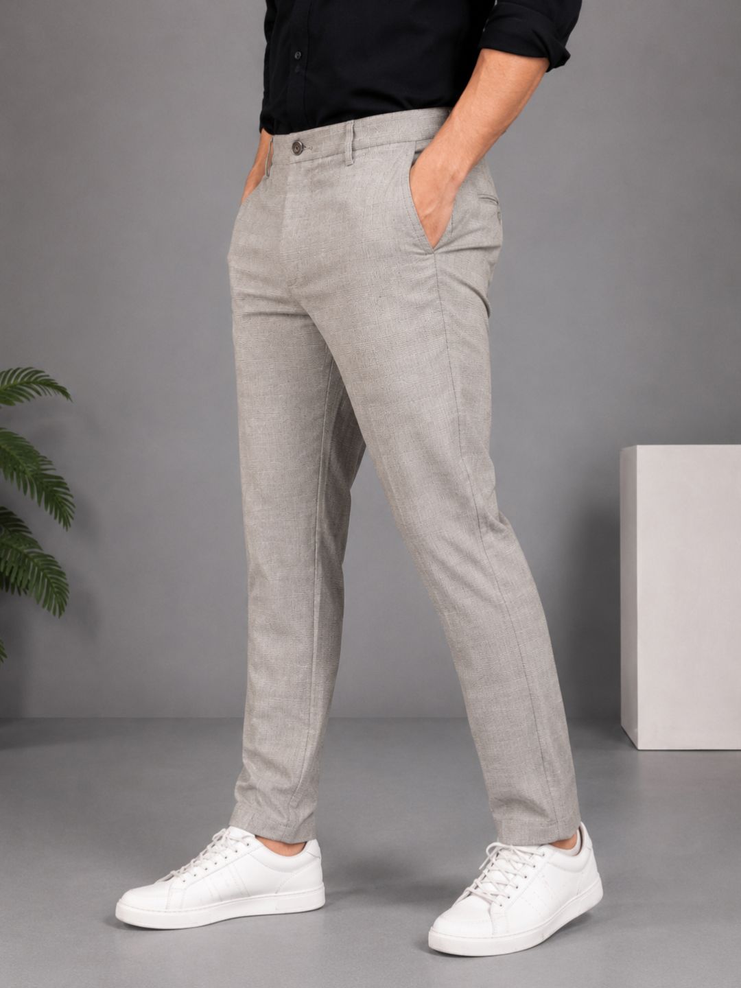 GENIPS Men's Checked Relaxed Fit Cotton Trousers - Mid-Rise 4 Pocket Pants