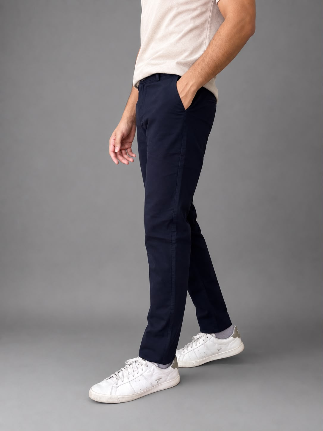 GENIPS Men's Elasticated Relaxed Fit Cotton Trousers - Mid-Rise 4 Pocket Travel Pants