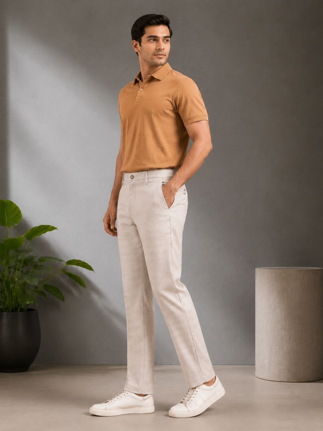 GENIPS Men's Checked Relaxed Fit Cotton Trousers - Mid-Rise 4 Pocket Pants