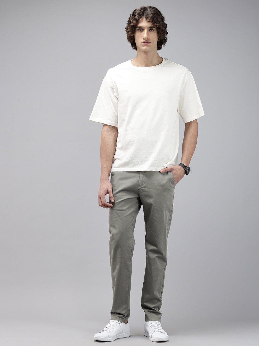Men Grey Cotton Stretchable Caribbean Fit Mid-Rise Solid Casual Trousers
