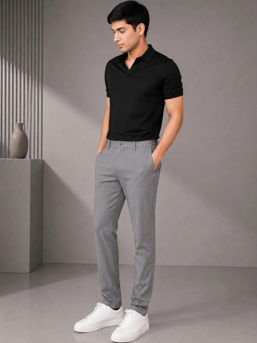 GENIPS Men's Relaxed Fit Cotton Trousers - Mid-Rise 4 Pocket Casual Pants