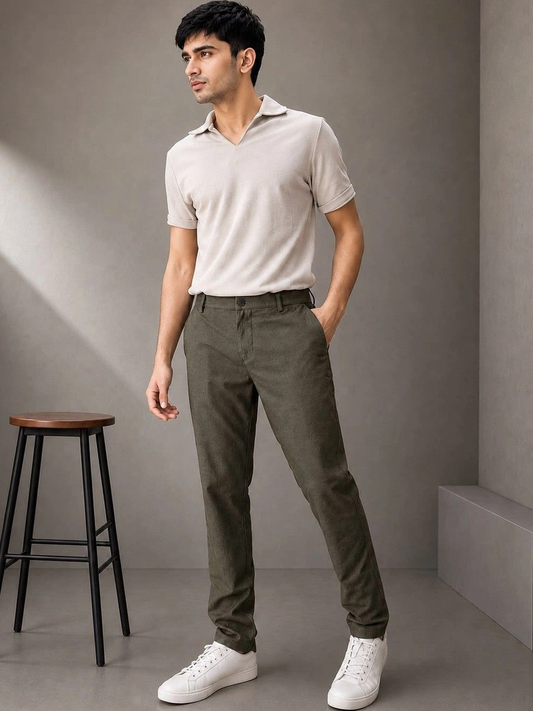 GENIPS Men's Relaxed Fit Cotton Trousers - Mid-Rise 4 Pocket Casual Pants