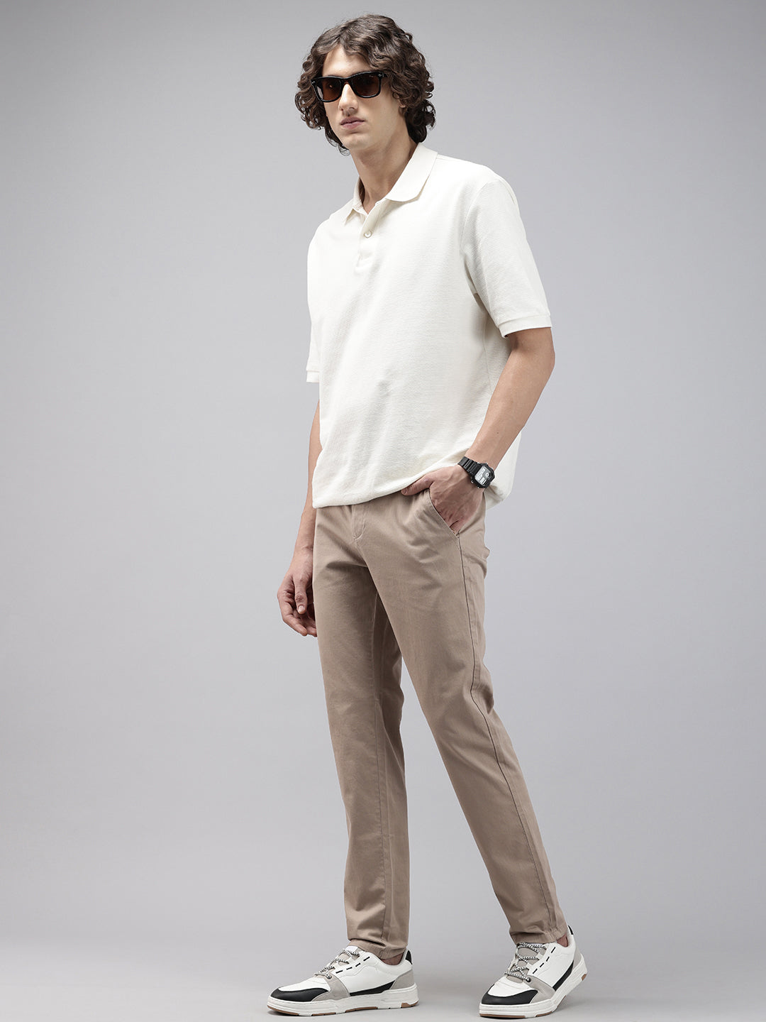 Men Camel Cotton Stretchable Caribbean Fit Mid-Rise Solid Casual Trousers