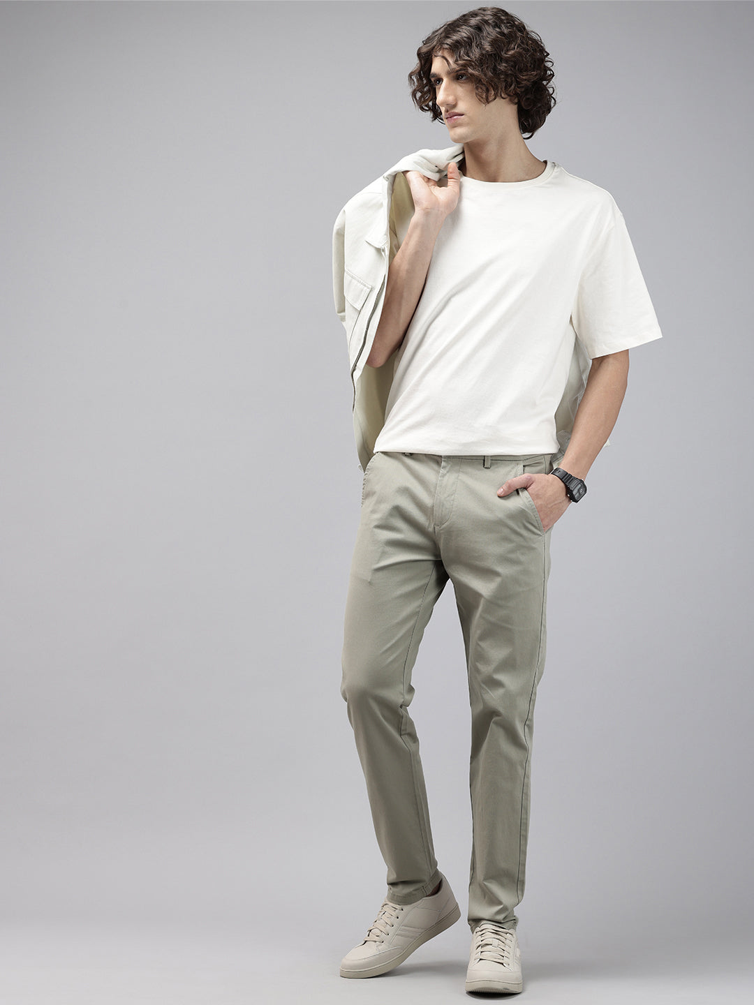 Men Mint Cotton Stretchable Caribbean Fit Mid-Rise Solid Casual Trousers