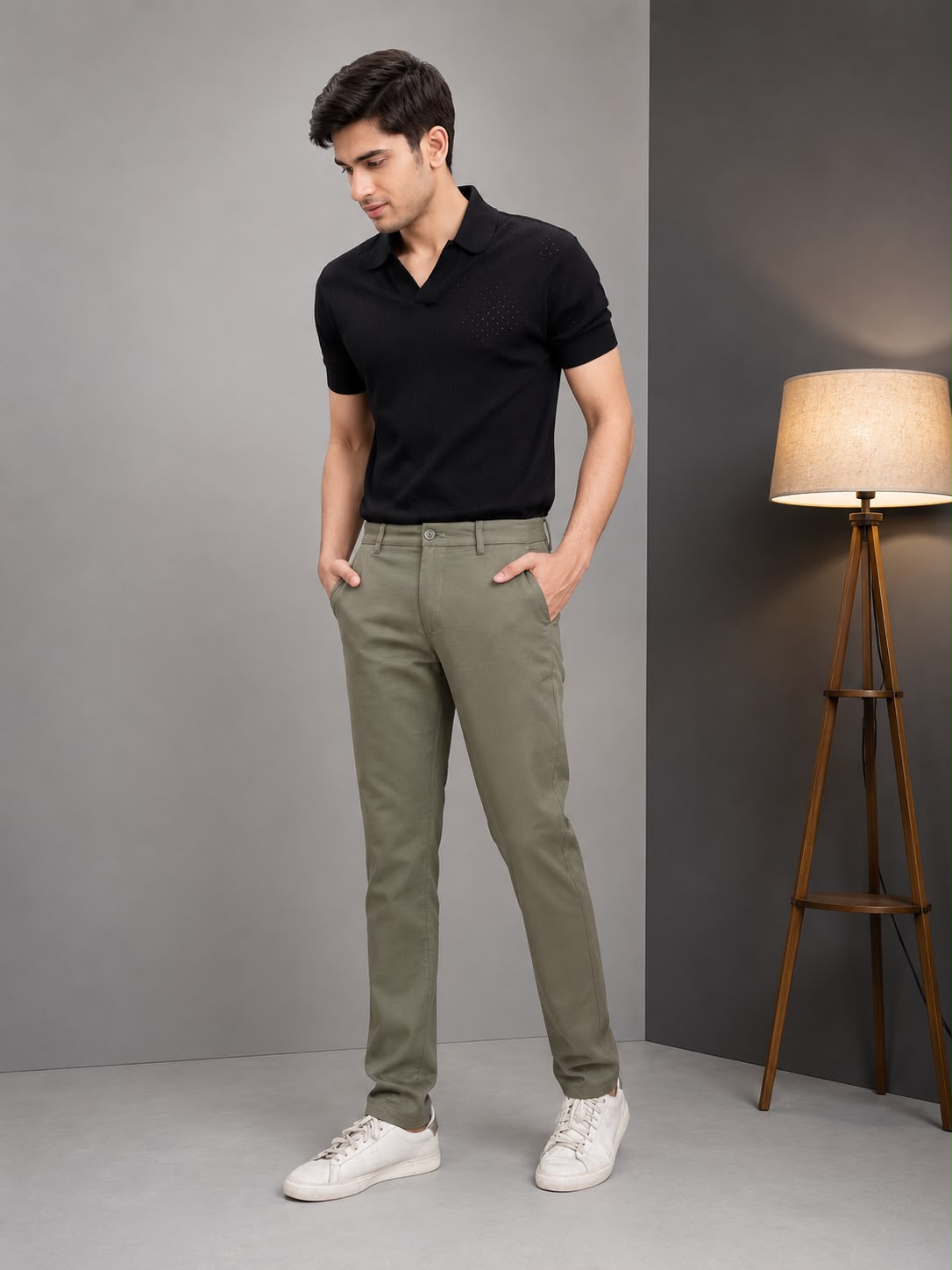 GENIPS Men's Elasticated Relaxed Fit Cotton Trousers - Mid-Rise 4 Pocket Travel Pants