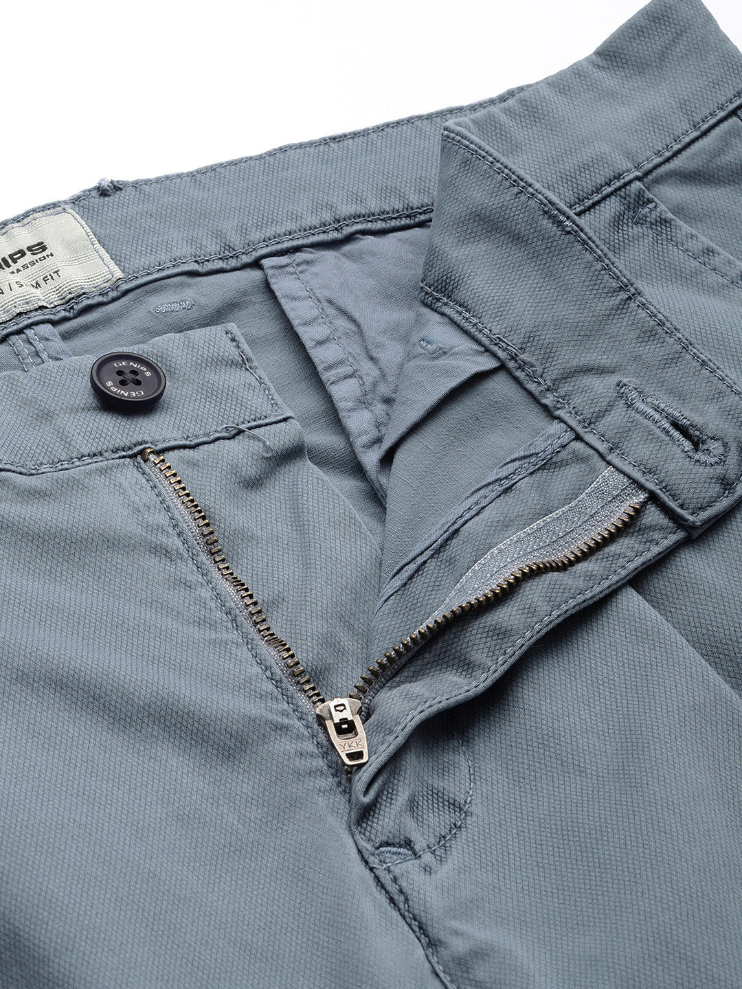 Blue Slim Fit Cotton Casual Trousers with 5 Pockets