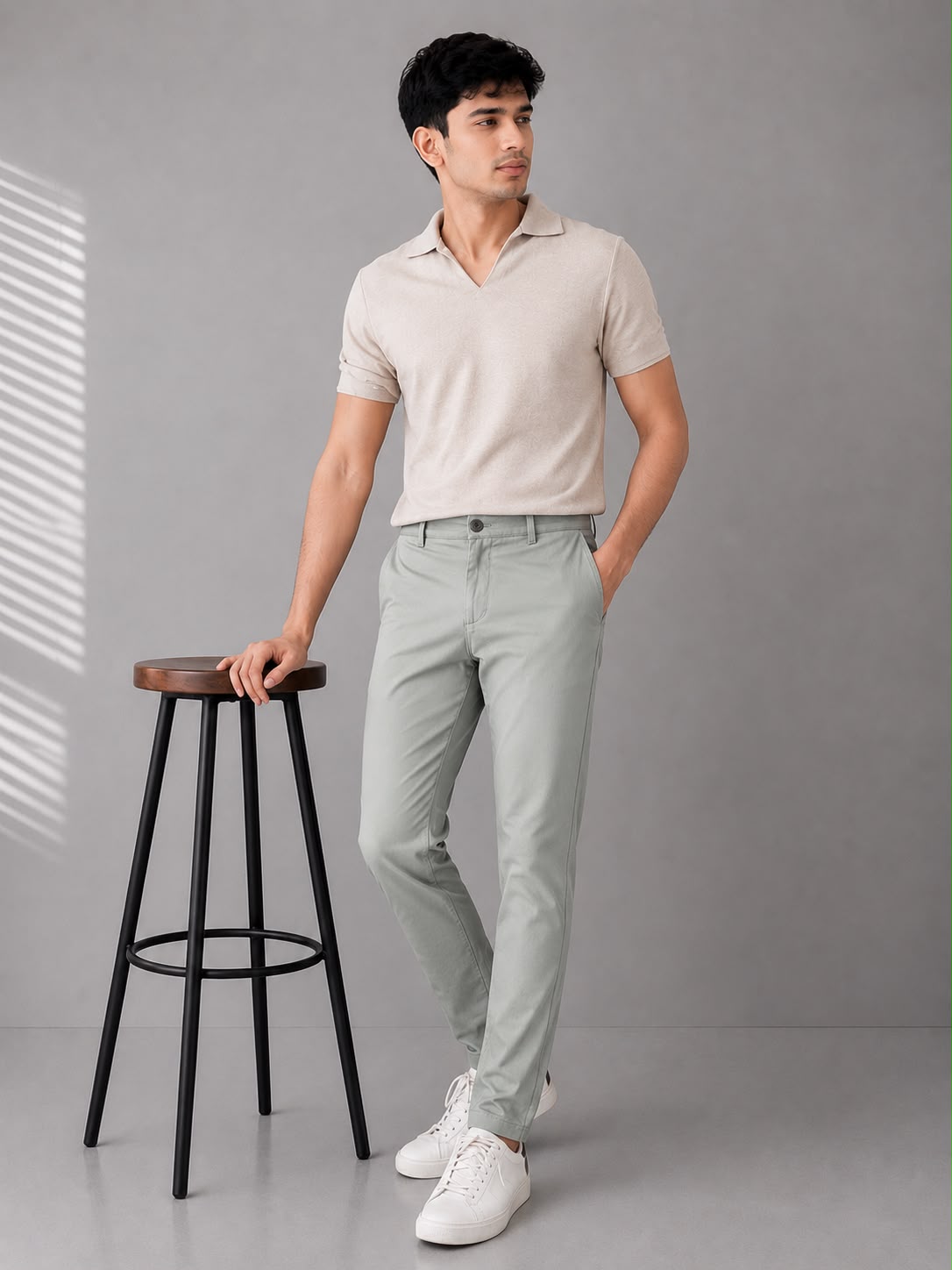 GENIPS Men's Elasticated Relaxed Fit Cotton Trousers - Mid-Rise 4 Pocket Travel Pants