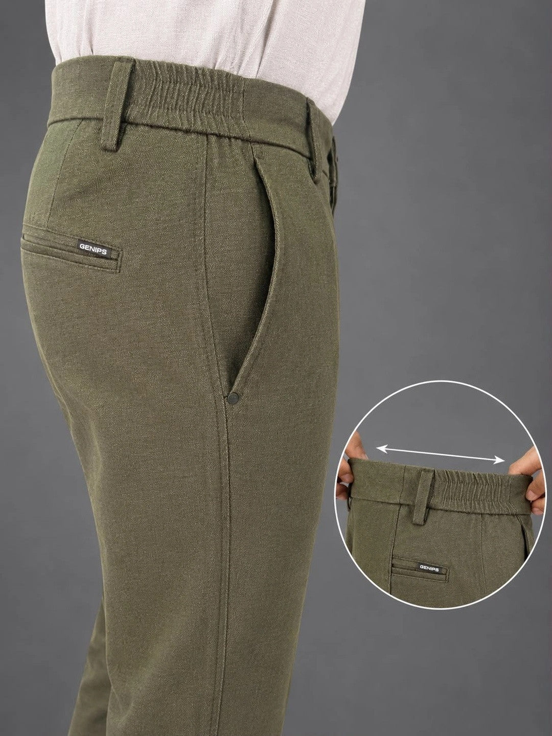 GENIPS Men's Relaxed Fit Cotton Trousers - Mid-Rise 4 Pocket Casual Pants