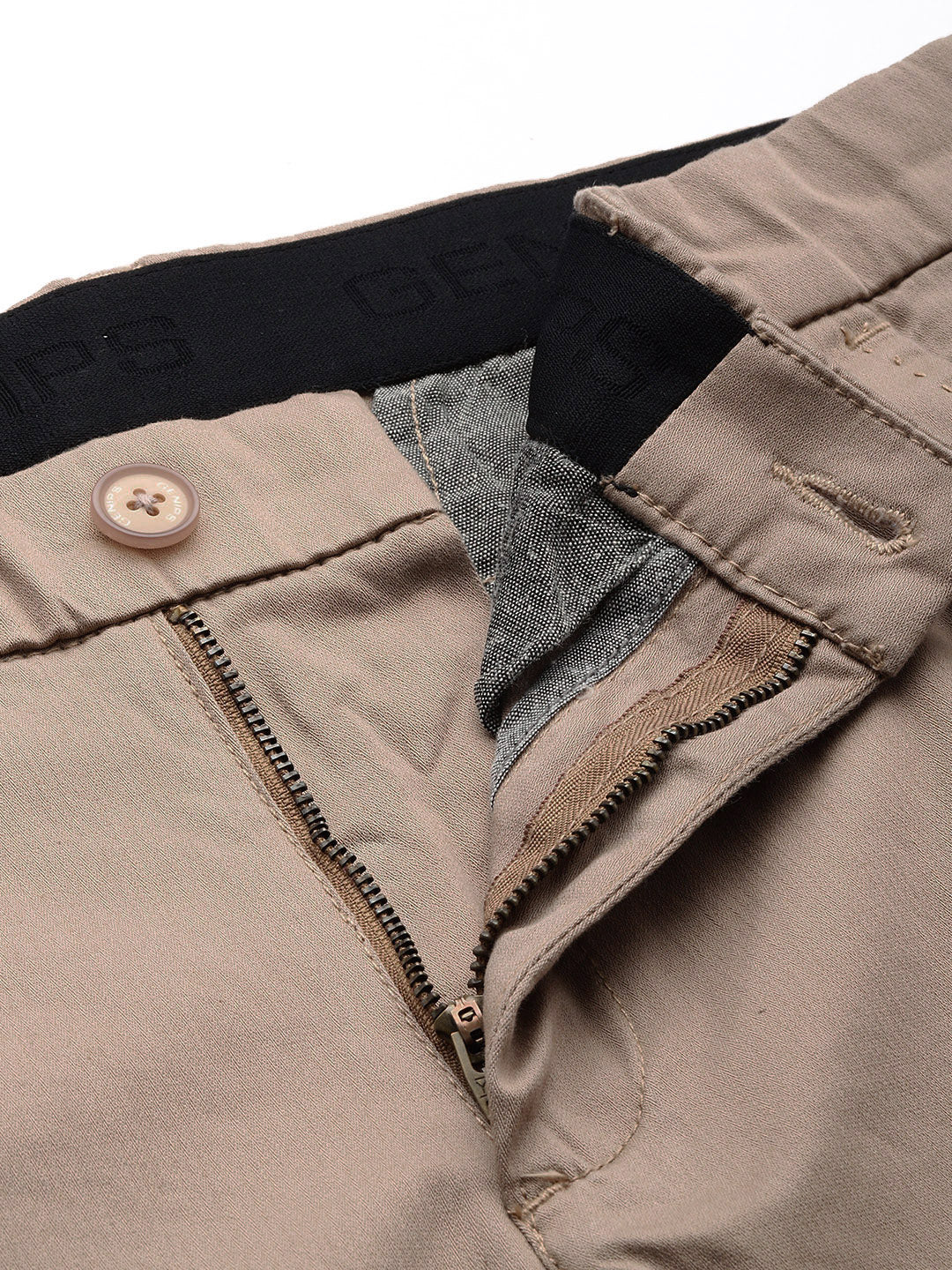 Men Camel Cotton Stretchable Caribbean Fit Mid-Rise Solid Casual Trousers