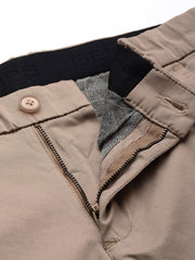 Men Camel Cotton Stretchable Caribbean Fit Mid-Rise Solid Casual Trousers