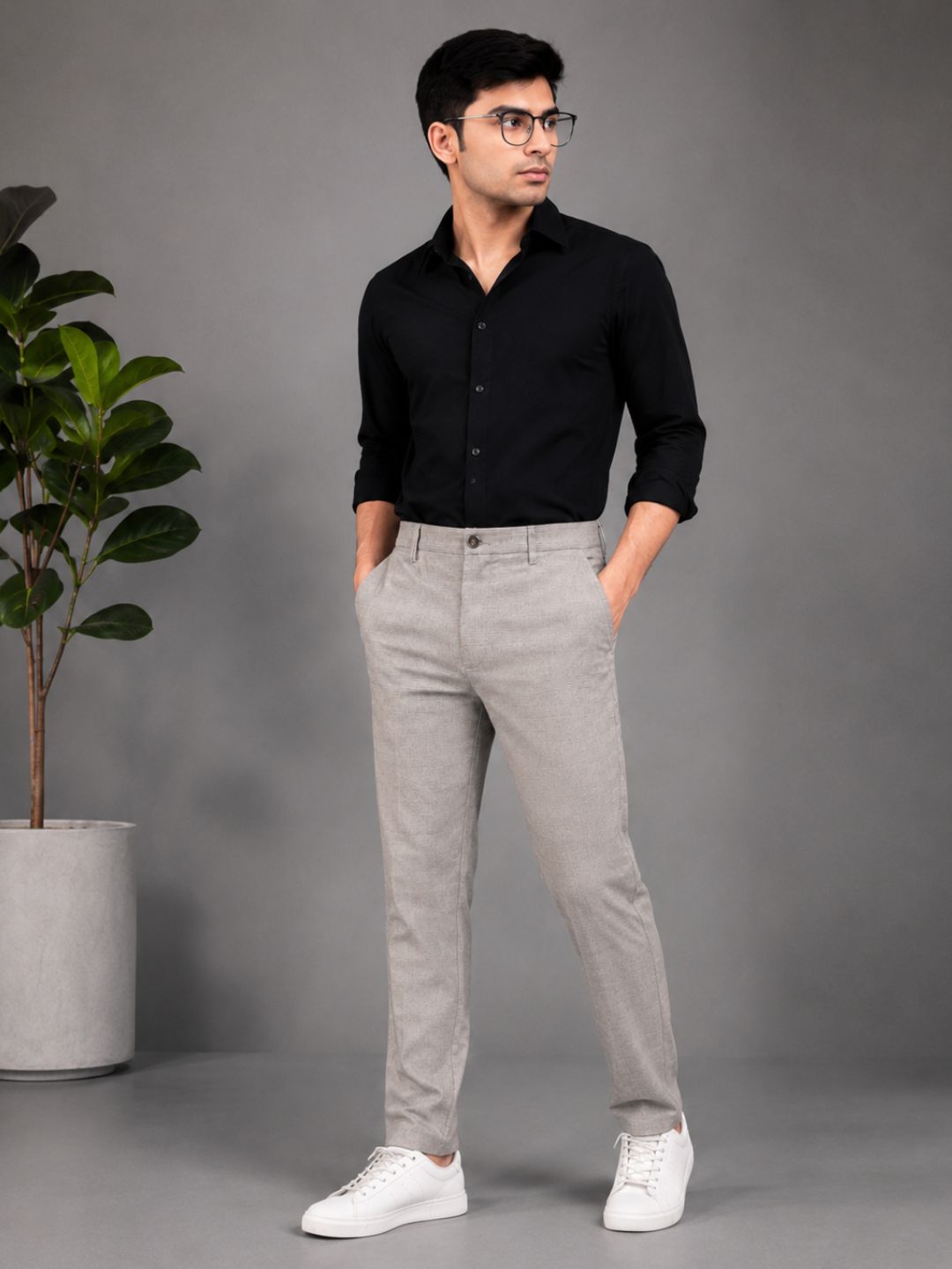 GENIPS Men's Checked Relaxed Fit Cotton Trousers - Mid-Rise 4 Pocket Pants