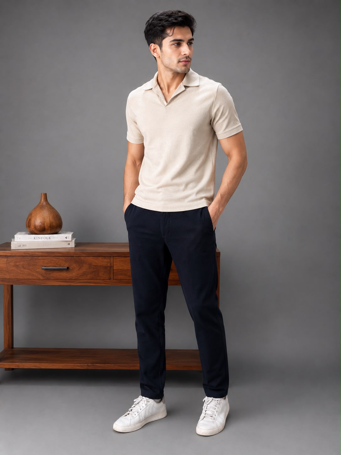 GENIPS Men's Elasticated Relaxed Fit Cotton Trousers - Mid-Rise 4 Pocket Travel Pants