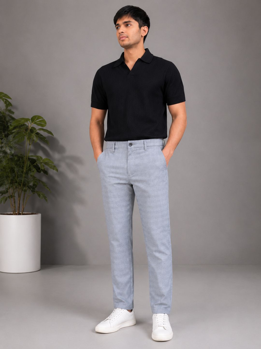 GENIPS Men's Checked Relaxed Fit Cotton Trousers - Mid-Rise 4 Pocket Pants