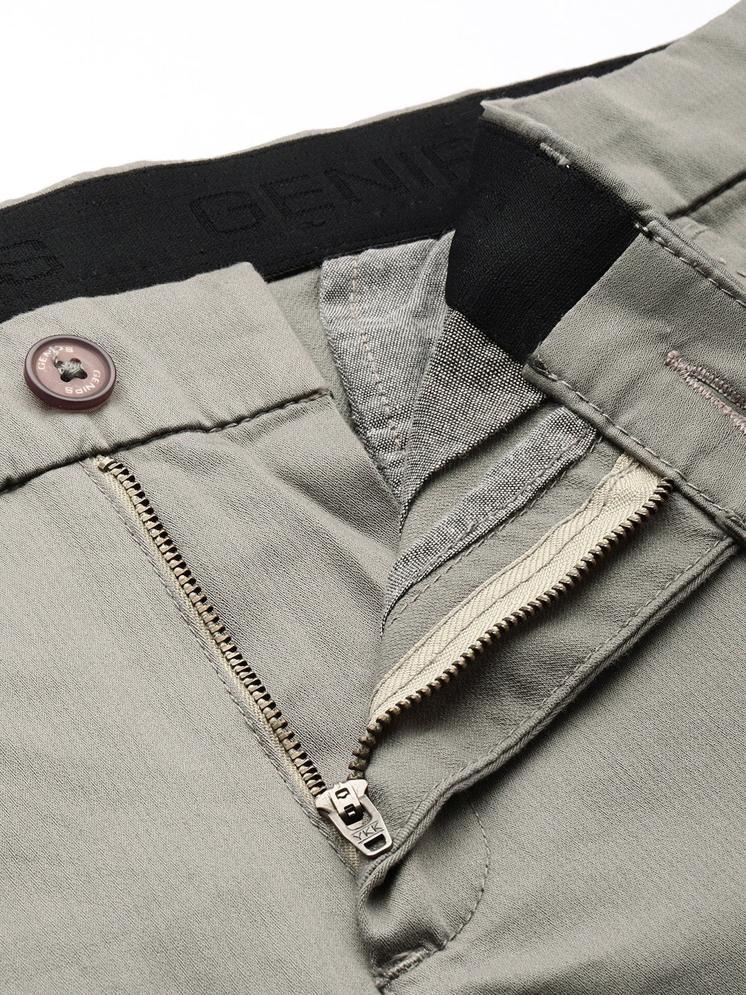 Men Grey Cotton Stretchable Caribbean Fit Mid-Rise Solid Casual Trousers