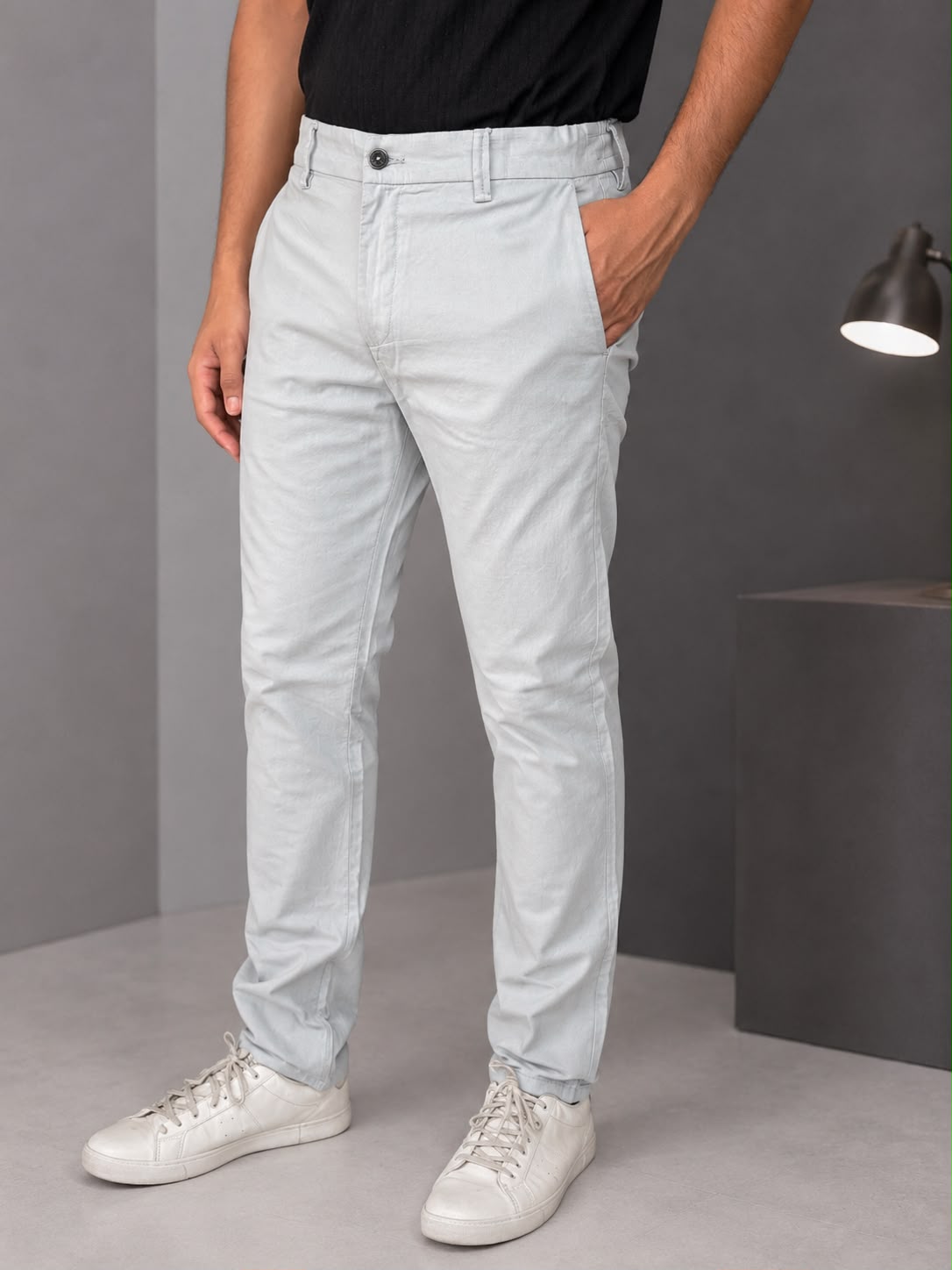 GENIPS Men's Elasticated Relaxed Fit Cotton Trousers - Mid-Rise 4 Pocket Travel Pants