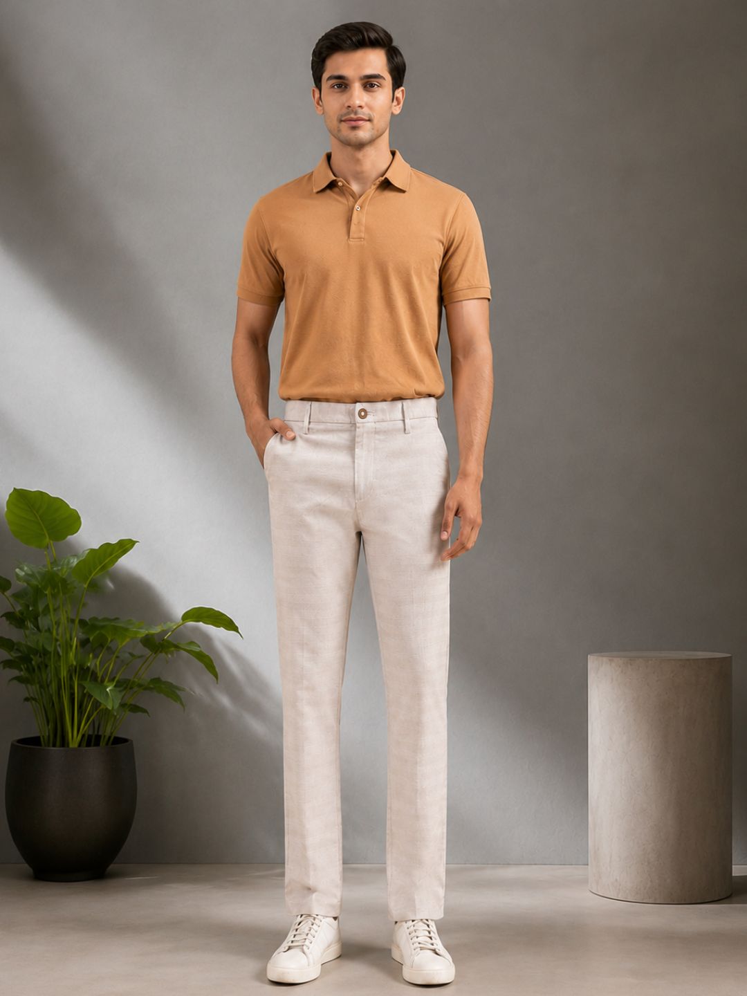 GENIPS Men's Checked Relaxed Fit Cotton Trousers - Mid-Rise 4 Pocket Pants