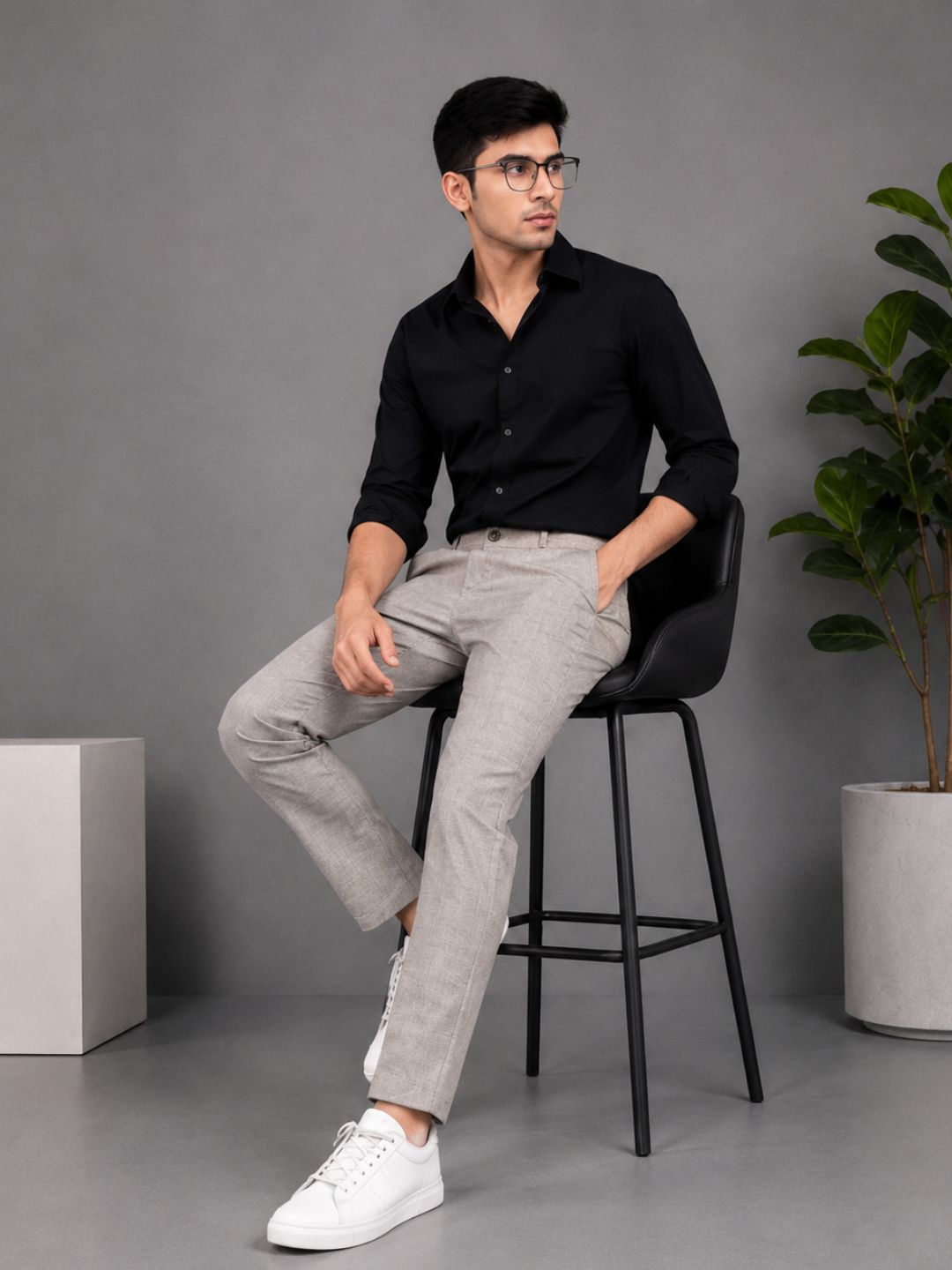 GENIPS Men's Checked Relaxed Fit Cotton Trousers - Mid-Rise 4 Pocket Pants