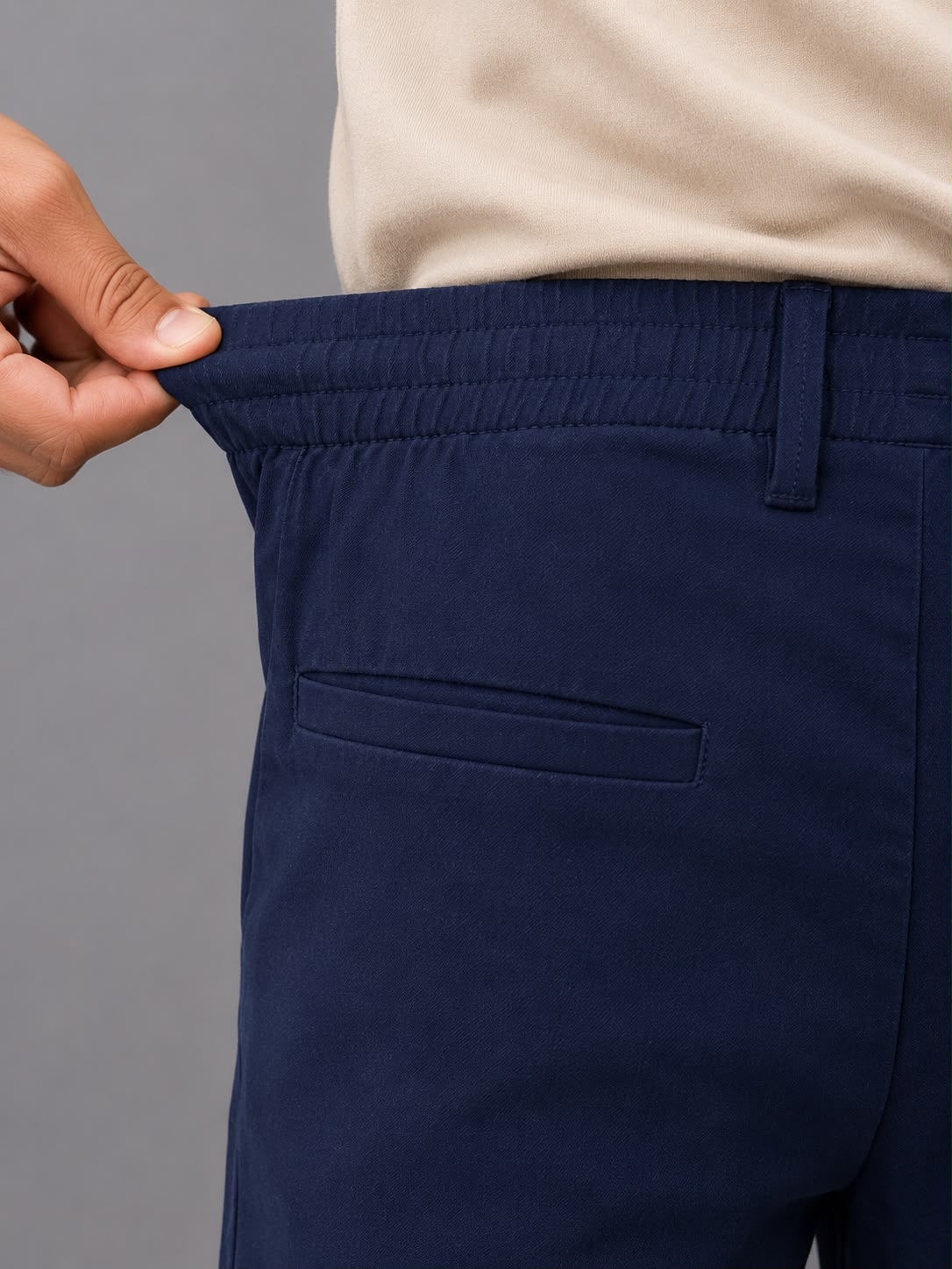 GENIPS Men's Elasticated Relaxed Fit Cotton Trousers - Mid-Rise 4 Pocket Travel Pants