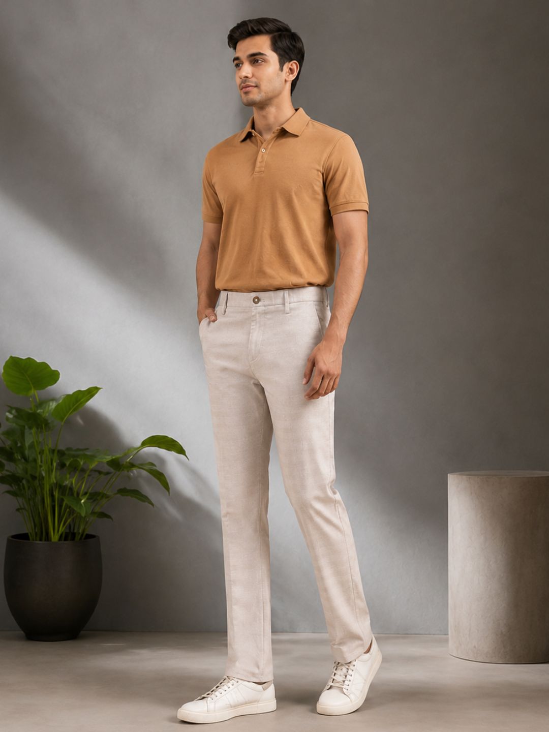 GENIPS Men's Checked Relaxed Fit Cotton Trousers - Mid-Rise 4 Pocket Pants