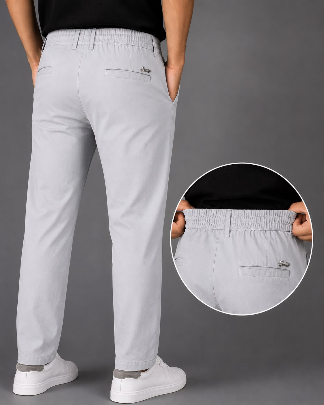 GENIPS Men's Elasticated Relaxed Fit Cotton Trousers - Mid-Rise 4 Pocket Travel Pants