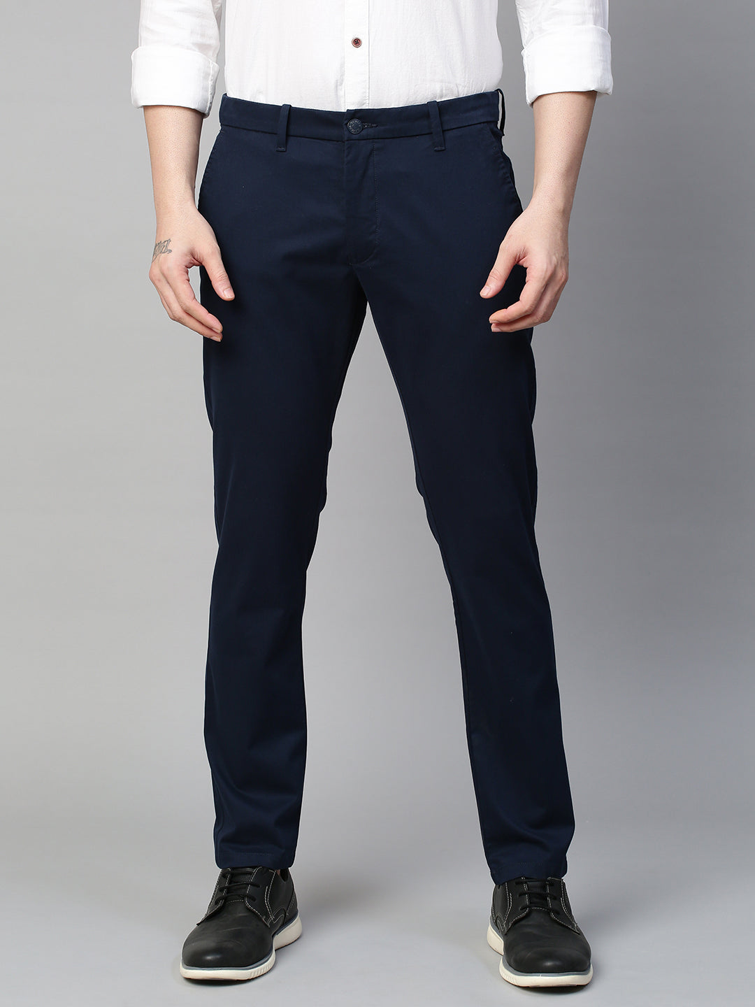 Genips Men's Navy Cotton Stretch Caribbean Slim Fit Solid Trousers