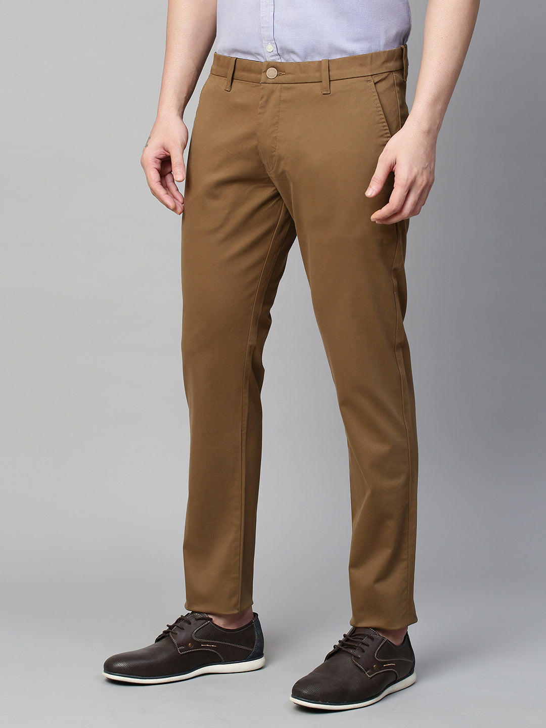 Genips Men's Brown Cotton Stretch Caribbean Slim Fit Solid Trousers