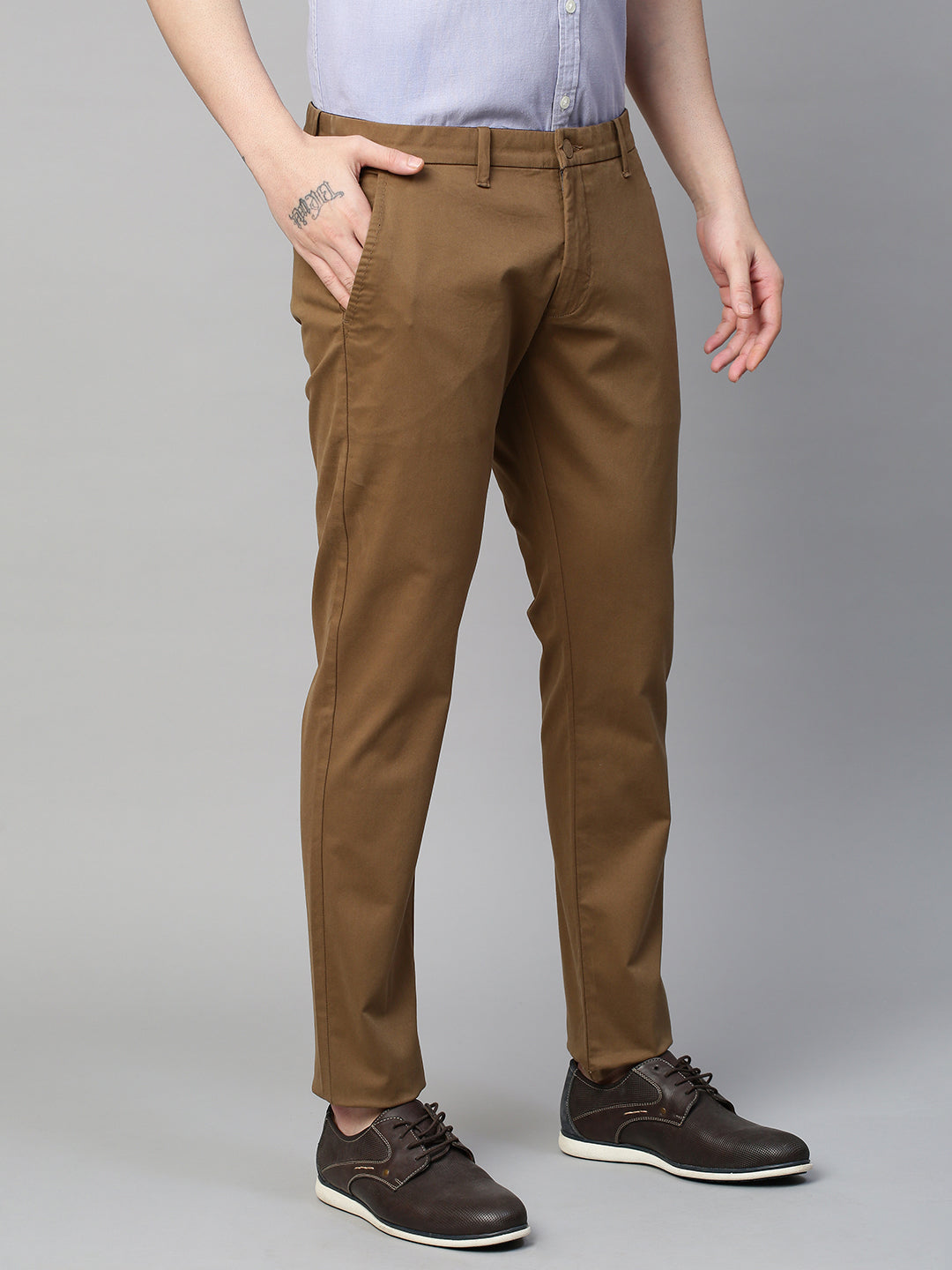 Genips Men's Brown Cotton Stretch Caribbean Slim Fit Solid Trousers