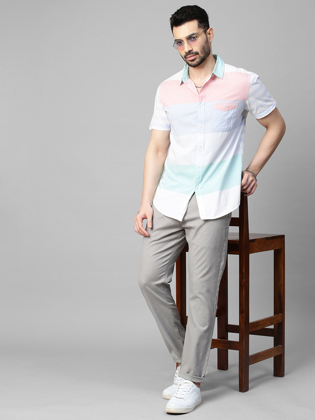 Genips Men's Grey Cotton Stretch Caribbean Slim Fit Self Design Trousers