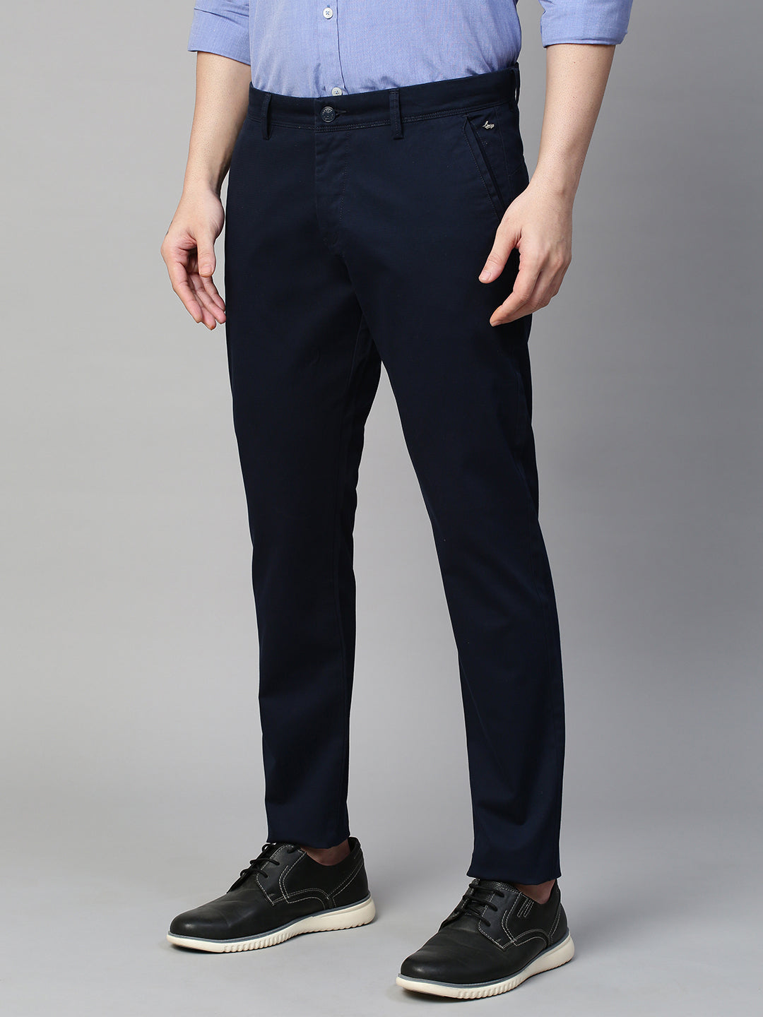Genips Men's Navy Cotton Stretch Caribbean Slim Fit Solid Trousers