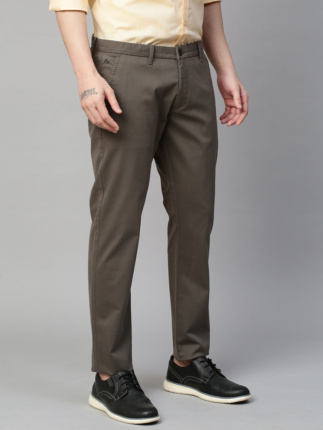 Genips Men's Dark Grey Cotton Stretch Caribbean Slim Fit Solid Trousers