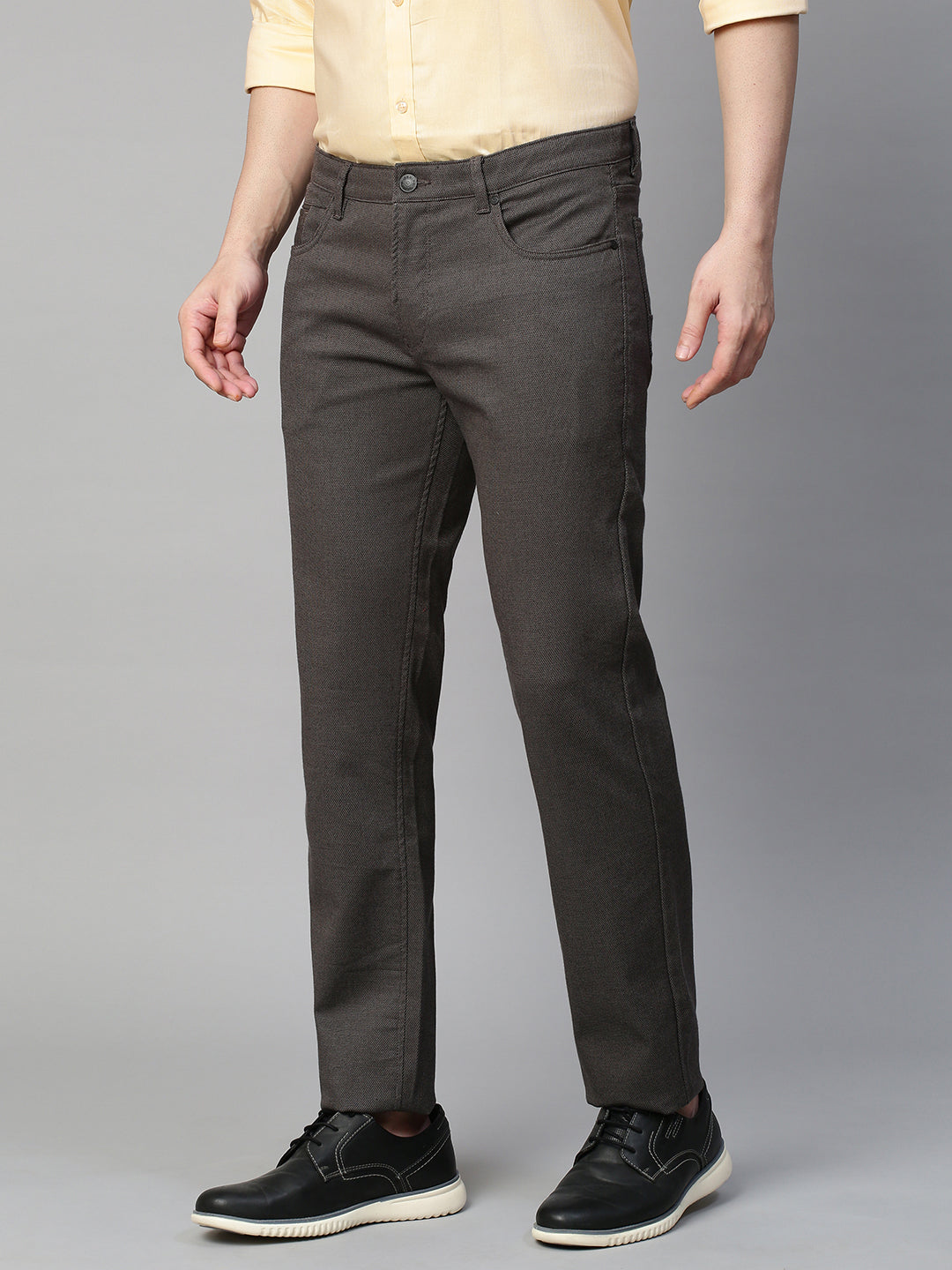 Genips Men's Grey Cotton Stretch Rico Slim Fit Self Design 5 Pocket Trouser