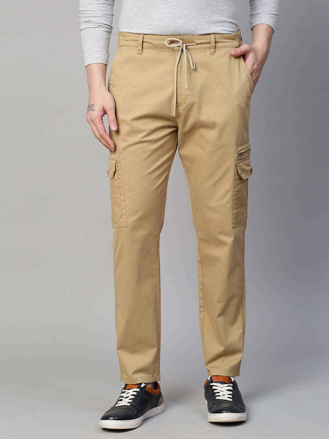 Khakhi Cotton Stretch Bahamas Solid Cargo Pants