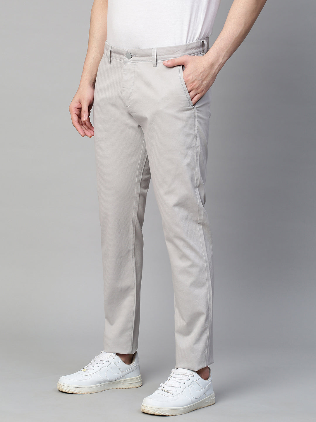 Genips Men's Light Grey Cotton Stretch Caribbean Slim Fit Solid Trousers