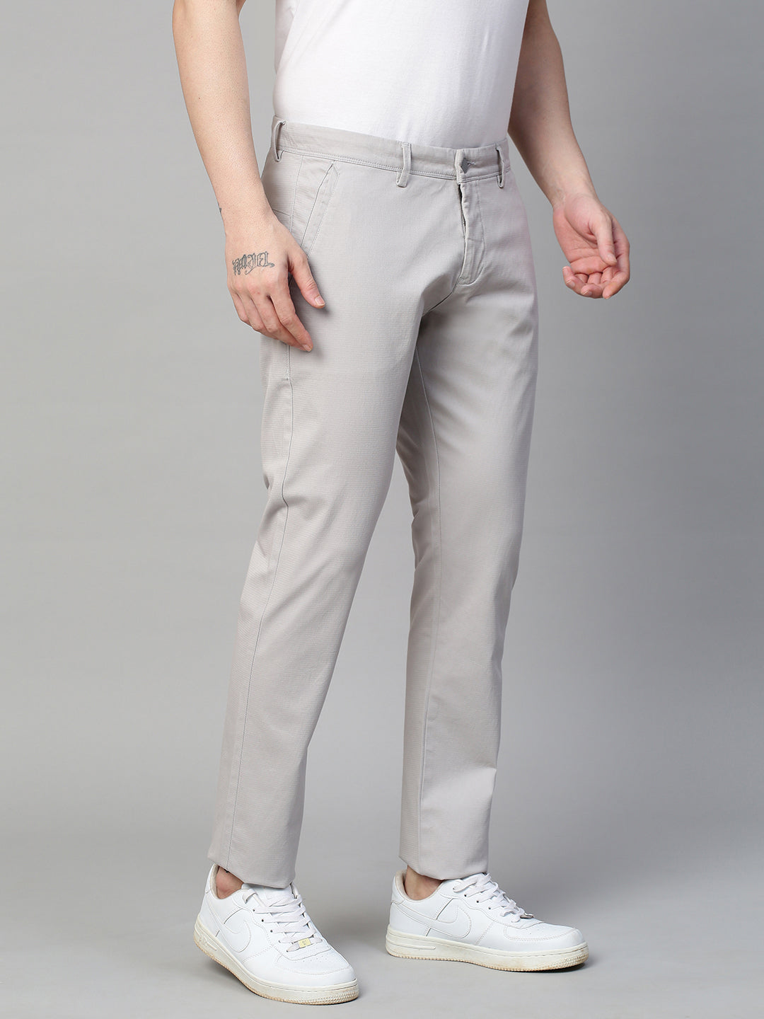 Genips Men's Light Grey Cotton Stretch Caribbean Slim Fit Solid Trousers