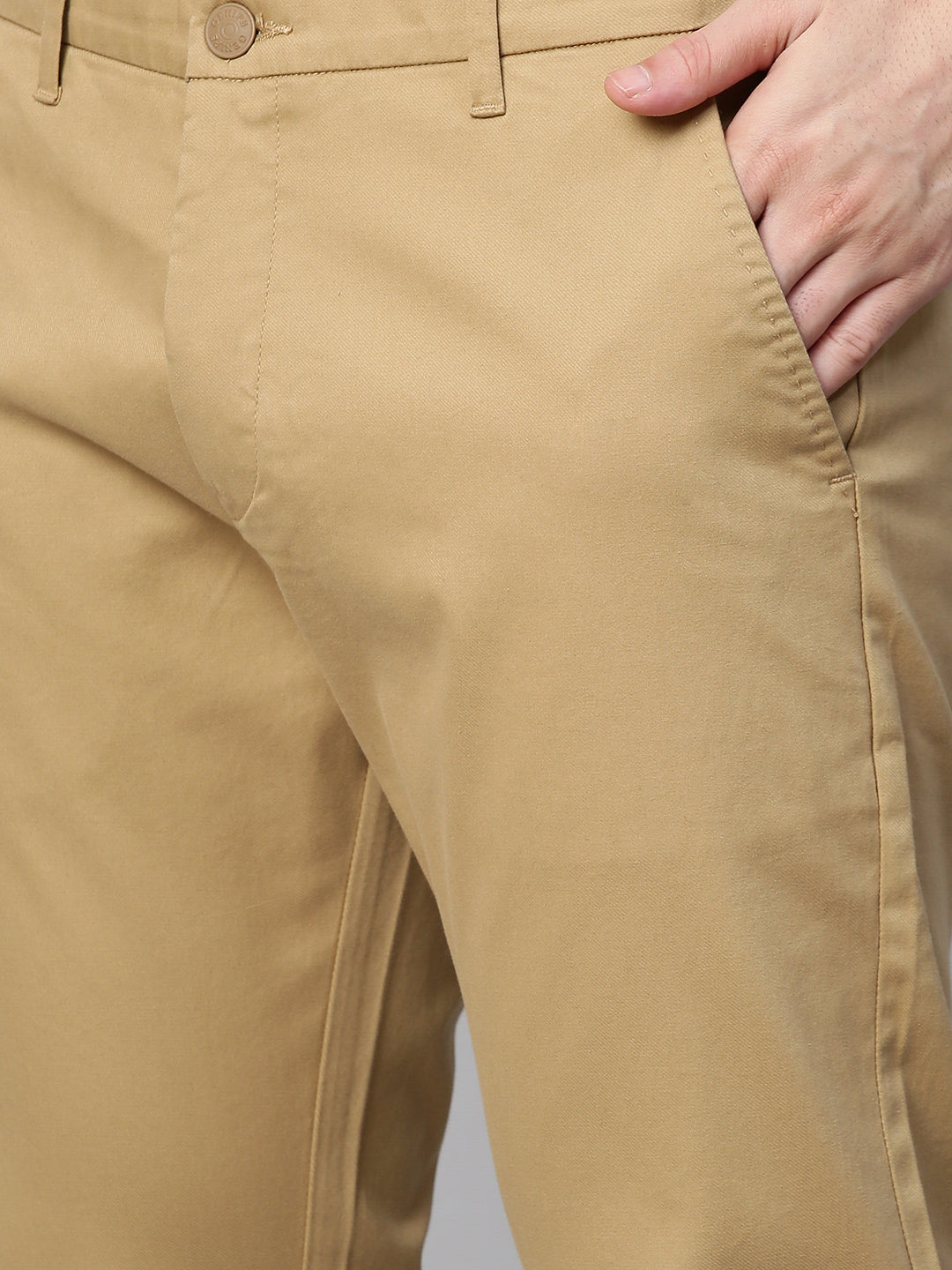 Genips Men's Khakhi Cotton Stretch Caribbean Slim Fit Solid Trousers