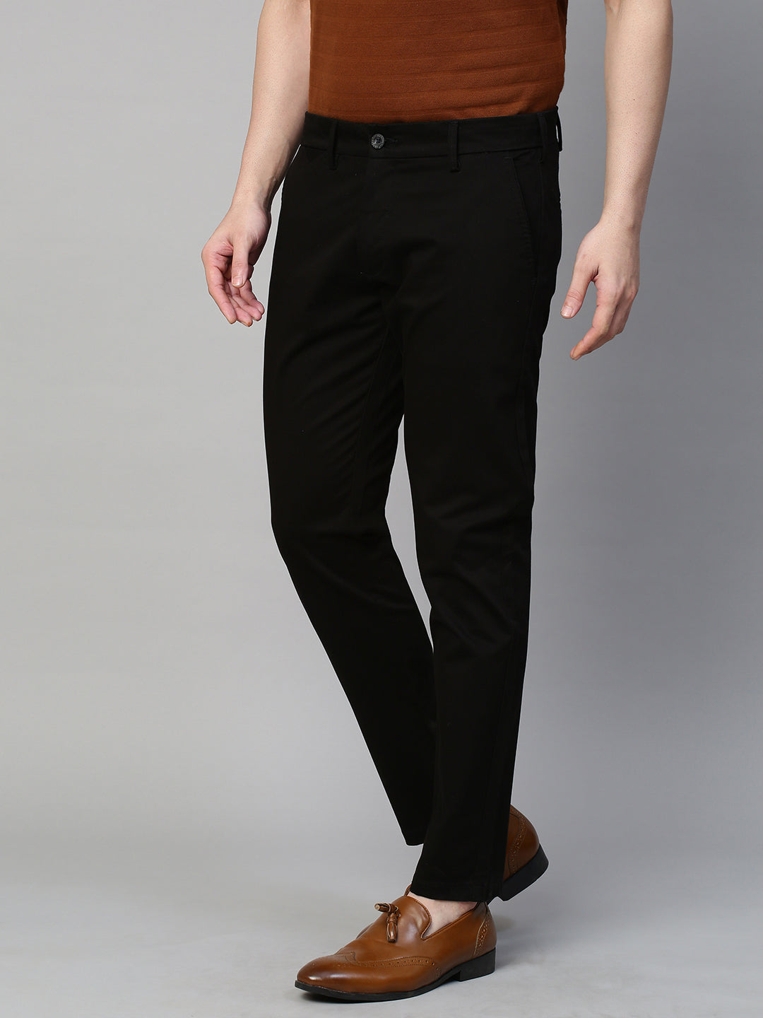Genips Men's Black Stretch Caribbean Slim Fit Solid Trousers