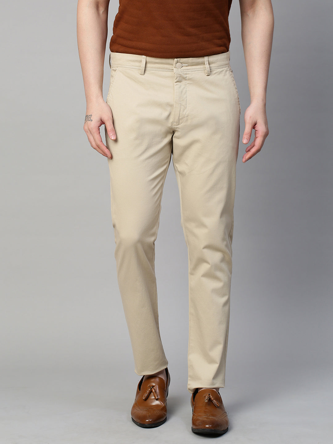 Genips Men's Cream Cotton Stretch Caribbean Slim Fit Solid Trousers
